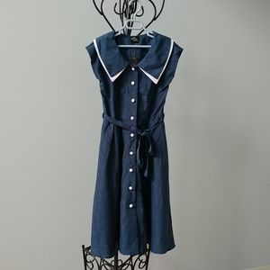 Rock Steady retro pinup 50s style button-up chambray dress with collar